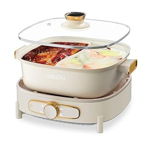 Dezin Hot Pot Electric with Divider, 5.5L Double-Flavor Electric Shabu Shabu Pot, Removable Non-Stick Dual Sided Electric Cooker,3″ Depth Divided Pot with Multi-Power Control,2 Silicone Ladles Include