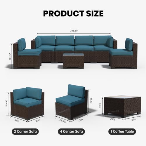 Image of 7 Piece Patio Furniture Set, Wicker Patio Conversation Sets, Outdoor Sectional Furniture with Tempered Glass Table, for Backyard, Deck, Garden, Dark Brown Rattan & Peacock Blue Cushions