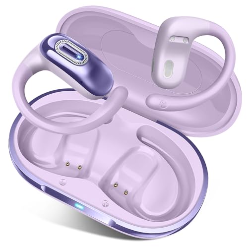 Image of Open Ear Headphones, Bluetooth 5.4 Earbuds, 50H, Air Conduction Ear buds, HD Stereo Bass Over Ear Earphones with Earhooks, Ultra-Comfort Secure, IPX7 Waterproof Headset for Working Sports, Purple