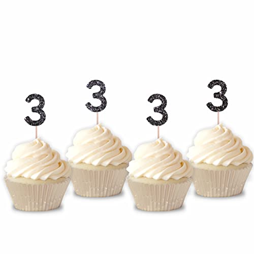 Glitter Number 3 Cupcake Toppers Set of 12 Glitter Three