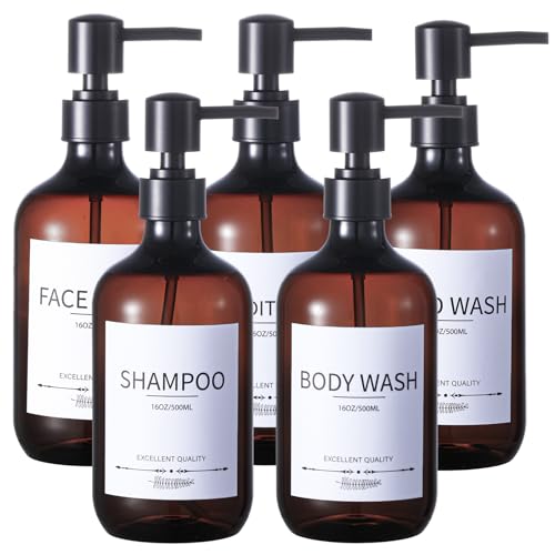 Mithrgrous Shampoo and Conditioner Bottles(5Pack),Shampoo Dispenser for Shower,Bottles Refillable with Pump,Bathroom Dispenser Sets(Amber)