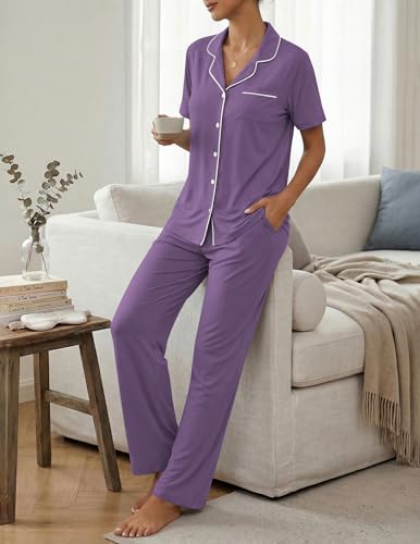 Image of ZMJ Womens Pajamas Sets 2 Piece Button Up Pj Sets Short Sleeve with Long Pant