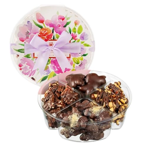 Nut Clusters Chocolate Gift Box - Assorted Caramel Brittles, Pecan Patties, Almond & Cashew Clusters, Kosher Dairy Free Nuts and Chocolates Basket, Dark Chocolate Covered Nuts Mother's Day Baskets Gifts