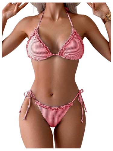 OYOANGLE Women's 2 Piece Bikini Set Striped Frilly Trim Halter Swimsuit Backless Tie Side Bathing Suits