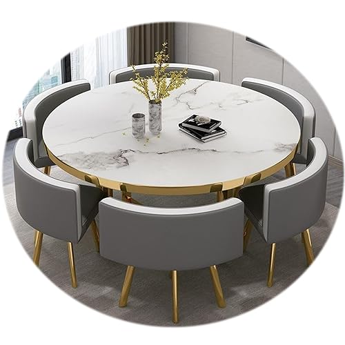 RUANLOV Juego de 7 Piezas Mesa de Conferencia Redonda,120 cm Mesa de Comedor Redonda y sillas, Mesa de Comedor con 6 sillas de Cuero PU, para Cocina y Comedor (D 120CMX120CMX75CM)