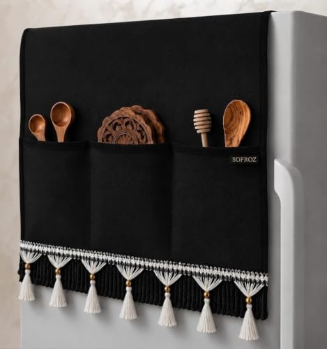 Image of Refrigerator Single Door Waterproof, Dustproof, Protective Cover for Fridges with Extra Storage Space Nylon Top Cover with 6 Storage Pockets (130 x 54 cm) (Black Lace)
