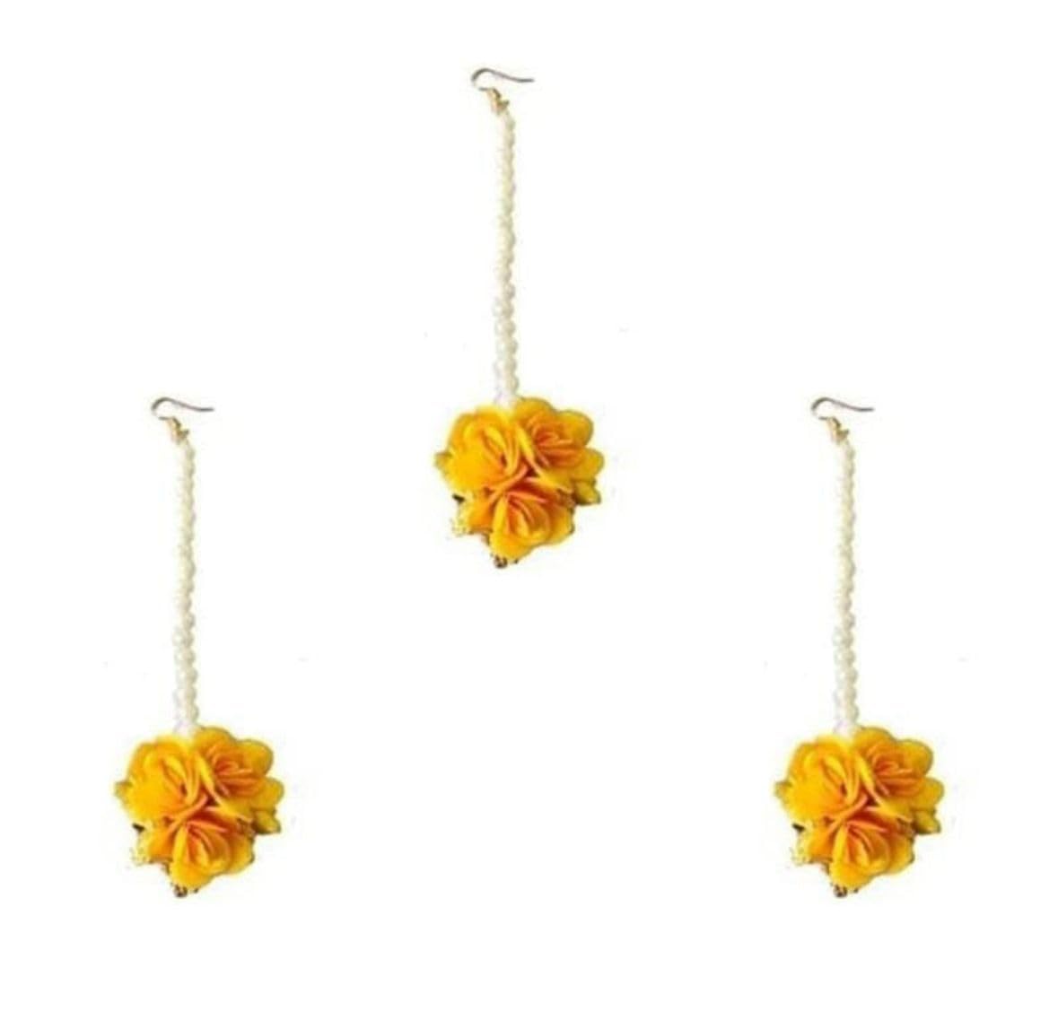 ABHINANDAN DECORS Flower Maang Tikka With Earring for Haldi | Mehandi Function | Women Maang Tikka Jewellery Set for Wedding | Gotta Mangtika For Women (Set of 3) (Yellow) (B0CV7MY1Q8) Amazon Price History, Amazon Price Tracker