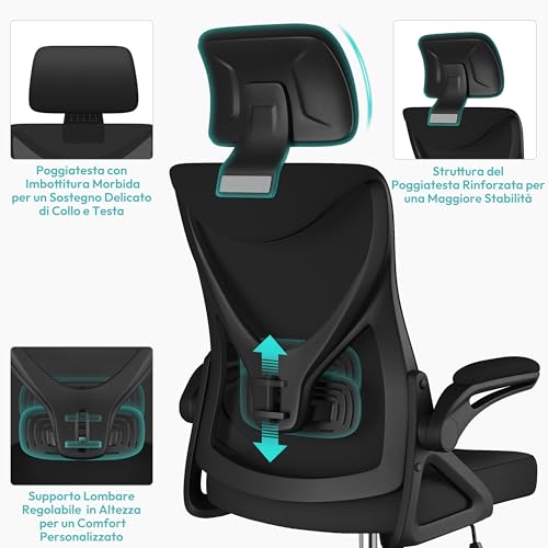 Sedia Ufficio Ergonomica con Braccioli Poggiatesta Regolabile Schienale Alto Funzione Dondolo Poltrona Scrivania Girevole in Rete Traspirante con Supporto Lombare Nera - Sedia gaming - Immagine 3