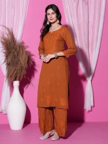 Image of Fashion Chikan Art Women's Lucknowi Premium Chanderi Silk Hand-Embroidered Chikankari Kurti & Palazzo Set | Elegant Festive & Casual Wear Ethnic Suit