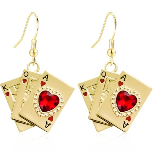 unixmoment Minimalist Gold Sparkly Love Heart Crystal Dangle Drop Earrings Unique Trendy Square Poker Card Hook Earrings For Women (Gold Red)