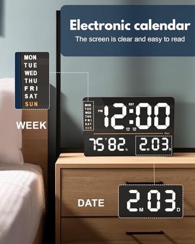 Image of 15-Inch Digital Wall Clock with Large LED Display - Remote Control, Auto-Dimming, Night Light, Date, Day, Temperature, DST Function - Ideal for Living Room, Bedroom (Square Orange)