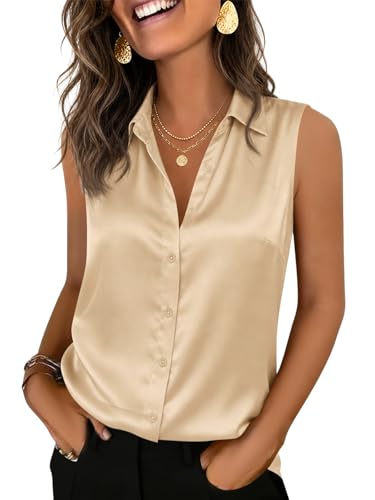 Image of Cicy Bell Womens Summer Satin Tank Tops Silky Casual Dressy V Neck Sleeveless Button Down Shirts Loose Fit Work Blouses