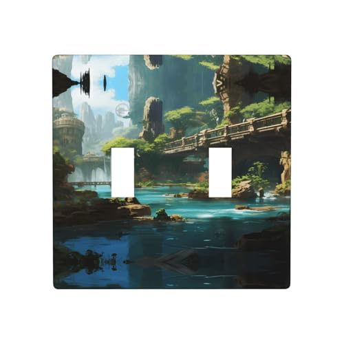 Phayah Plaque murale décorative avec motif pont de pierre de montagne, prise de courant, double interrupteur à bascule, 11,4 x 11,4 cm