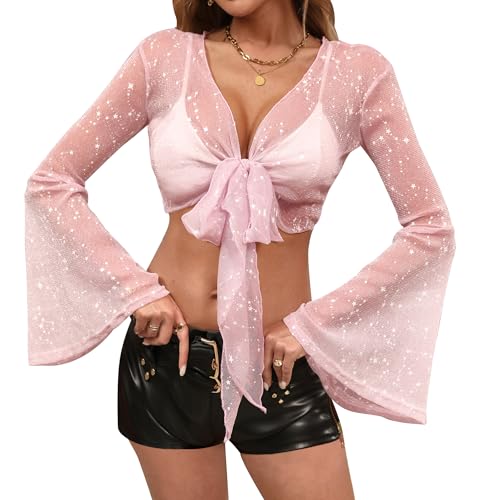 Image of Women Tie Front Bell Sleeve Rave Crop Tops Floral Print Hippie Mesh Sheer Shirt