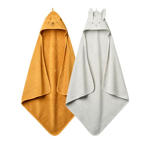 Image of Huxie Baby Hooded Towel – Organic Cotton Baby Bath Towels, 32" x 32" Super-Soft and Absorbent Baby Towels for Newborn 2-Pack (Grey/Yellow)