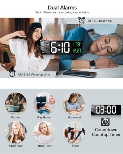 Image of EASEPRES 16 inch Digital Wall Clock with Remote Control - LED Display, Auto-Dimming,Dual Alram,Countdown Timer, Date, Day,Temperature & Calendar - 12 /24 Hour Format, ABS Rectangle Design (White + Green)