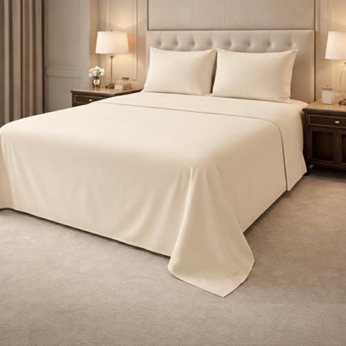 Image of 100% Cotton Premium Single Size Bedsheet with 2 Pillow Covers | Ultra-Soft, Breathable, Hotel-Quality Fabric | Elegant Collection for Bedroom Decor (Ivory Solid)