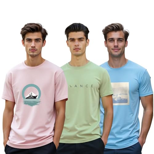 Image of Nobero 100% Cotton Tshirts for Men Combo Pack of 3 | Regular Fit | Printed | Round Neck Half Sleeve