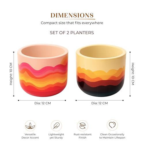Image of Habere India-All the Cultures Fabricating India Hand Painted Terracotta Planter Set of 2 | Wave Sunset Design Indoor Plant Pot | Breathable Clay Pot with Drainage Hole(Set of 2: L12 x W12 x H10 cm)