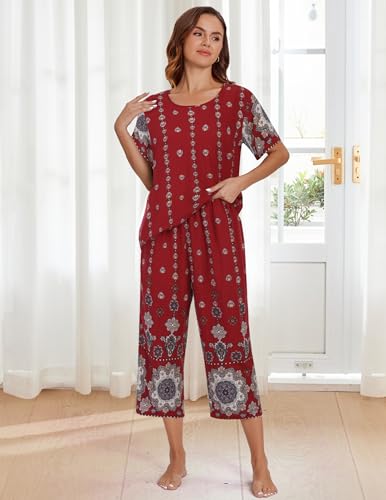 Image of Ekouaer Women's Two Piece Lounge Set Short Sleeve Shirt and Capri Pants Mumu Pajama with Pockets Loungewear Pjs Sets S-2XL