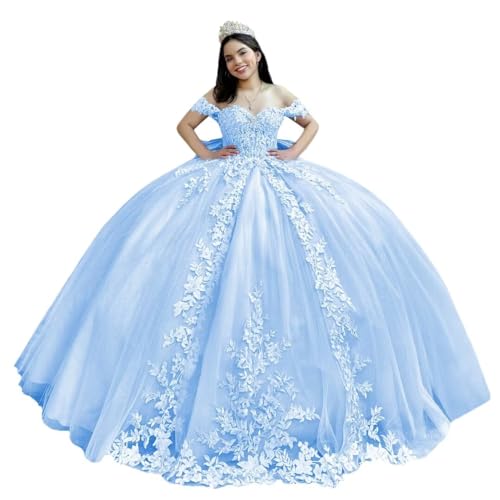 Sparkly Off Shoulder Quinceanera Dresses Puffy Beaded Sweet 16 Dress Lace Tulle Prom Dresses Long Ball Gown with Train