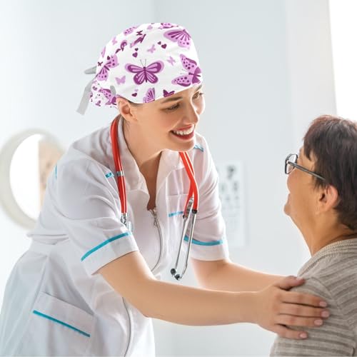 Image of Colored Butterflies Scrub Caps Women, Adjustable Working Cap with Button, Surgical Caps with Bow Hair Scrunchy