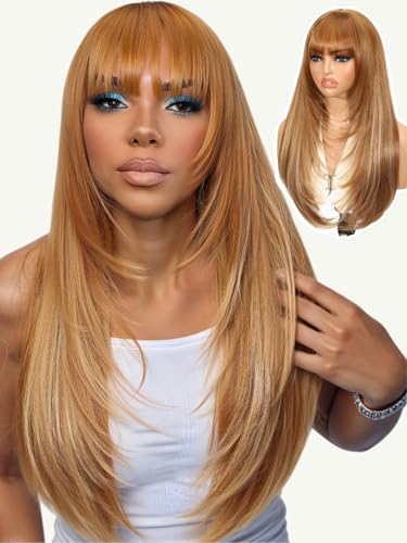 Quantum Love Long Straight Ombre Brown Blonde Wig With Bangs Brown Highlights Layered Wigs for Women Glueless Realistic Synthetic Hair Daily Party Use（Ombre Brown Blonde
