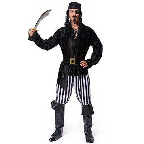 最安値 Veroman メンズ 海賊 パイレーツ コスプレ ハロウィン 衣装 仮装 バンダナ 海賊 服 ズボン ブーツカバー ベルト 眼帯の6点セット の価格比較