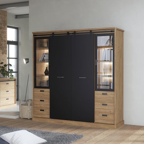Forte KASZIMIRO Kleiderschrank 205, Schrank im Industrial Stil mit 2 Schiebetüren, 2 Drehtüren, 4 Schubladen, Holzwerkstoff, Waterford Eiche/Schwarz, 203,2 cm breit, 208,4 cm hoch, 61 cm tief