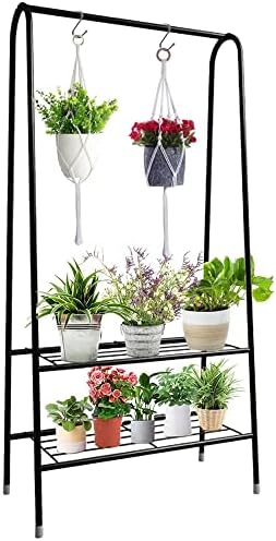 KOLENSA 2 Tier Metal Plant Stand with 2 Hand Crochet Baskets, Hanging Rack Indoor and Outdoor Hanger, for Home Patio Lawn Garden Balcony Bedroom Office Flower Pot Display