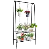KOLENSA 2 Tier Metal Plant Stand with 2 Hand Crochet Baskets, Hanging Rack Indoor and Outdoor Hanger