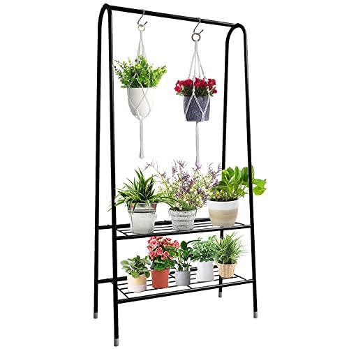 Kolensa 2 Tier Metal Plant Stand With 2 Hand Crochet Baskets, Hanging Rack Indoor And Outdoor Hanger, For Home Patio Lawn Garden Balcony Bedroom Office Flower Pot Display #TOP14