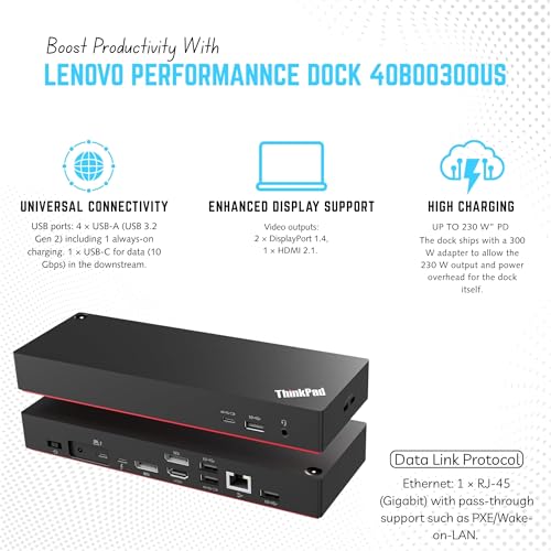 Image of 40B00300US Thinkpad Docking Station USB C - Supports 4K Display, Lenovo Thunderbolt 4 Dock with 300W, HDMI, DP & Thunderbolt Cables