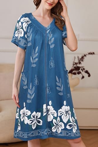 Image of Ekouaer Women Robe Zipper Front Mumu Duster Robes Zip Up Housecoat Soft Sleepwear with Pockets