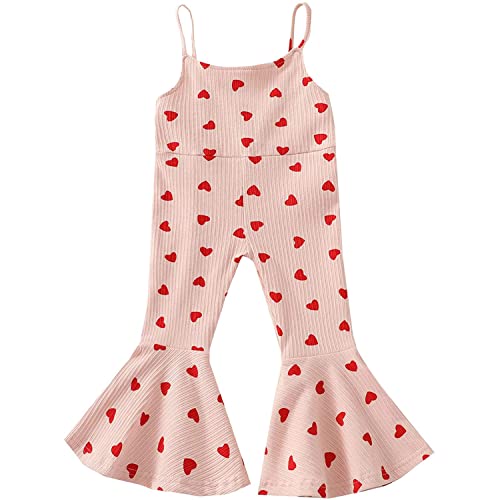 Toddler Baby Girl Valentine's + Day One Piece Outfit Sleeveless Love Heart Print Ribbed Bell-Bottom Romper Jumpsuit (2-3T,Pink)