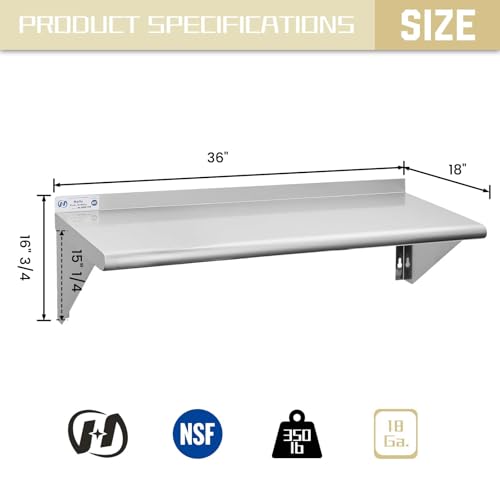Image of HALLY SINKS & TABLES H Stainless Steel Shelf 18 x 36 Inches, 350 lb, Commercial Wall Mount Floating Shelving for Restaurant, Kitchen, Home and Hotel
