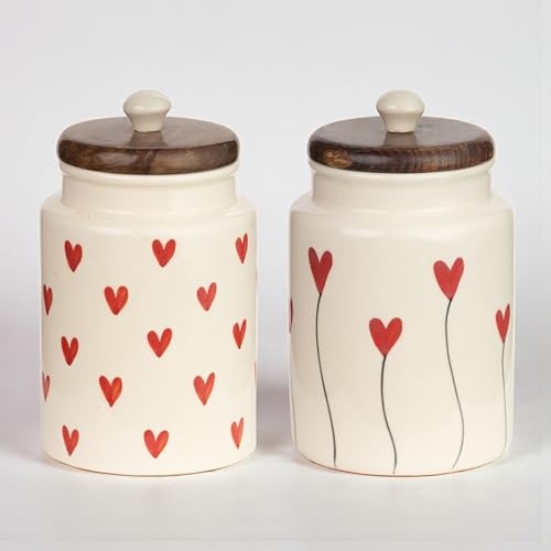 Image of Airtight Ceramic Jars (Pack of 2) - 1000ml Each - Wooden Lid - Kitchen Containers for Sugar, Tea, Salt, Pickles, Pulses & More (Red Lines & Red Heart)