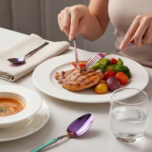 Image of Elegant Handle Rainbow 15 Pcs Stainless Steel Cutlery Set for Dining Table, Dishwasher Safe Glossy Flatware (3 Spoon Set+3 Forks Set+3 Butter Knife+3 Dessert Spoon+ 3 Fruit Fork)