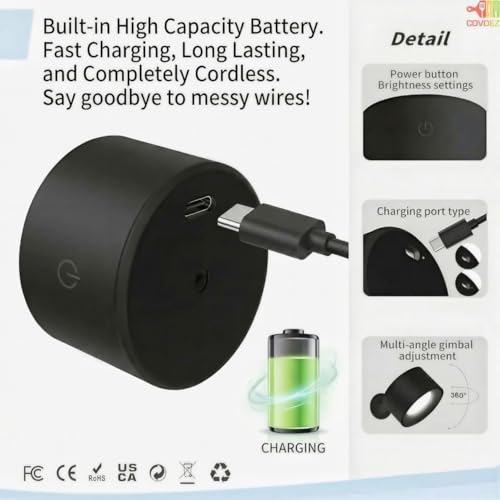 Image of Rechargeable Magnetic LED Wall Light with Clip on Base 360 Rotation RGB and 3 Color Temperatures Dimmable Touch Control Cordless Reading Lamp for Bedside Study and Wall Decor