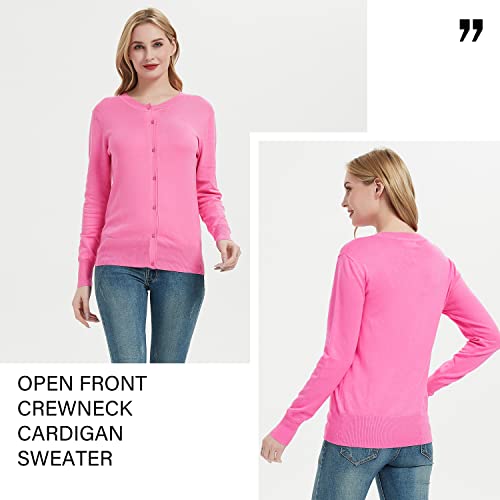 Women's Crew Neck Button Down Long Sleeve Cardigan Sweater Pink #TOP1