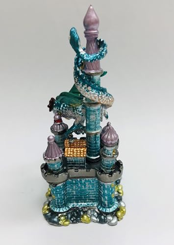 Fantasy Dragon Castle Trinket Box,Turquoise and Silver, Decorative Jewelry Storage, Medieval Dragon Design with Crystal Accents Jeweled Ideal for Small Jewelry kids first tooth image 5