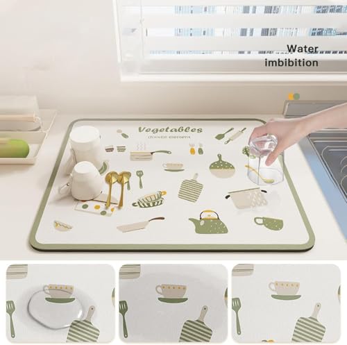 Image of DRAKIO Dish Drying Mat for Kitchen Counter | Absorbent Rectangular Countertop Drying Pad with Printed Utensil Design | Non-Slip Surface Mat for Dishes, Cups & Kitchen Accessories