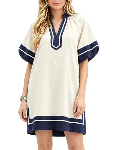 Image of Esmeling Women's Color Block Pullover Dress V-Neck Puff Sleeve Dress Mini Shirt Dress with Pockets