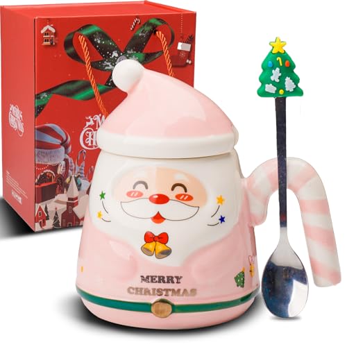 ZONSUSE Taza Papá Noel,Divertida Taza de Café Navideña,Taza Original Feliz Navidad,con Mango de Bastón de Caramelo,y Cuchara de Arbol de Navidad,Regalos Navidad para hombres mujeres 400 ml (A-Rosa)