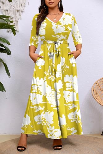 Image of Runwind Plus Size Dress for Women - 3 /4 Sleeve V Neck Maxi Dresses for Women (XL-6XL)
