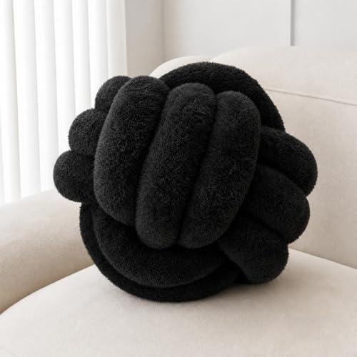 Onechionede 8 Black Round Knotted Throw Pillow - Plush Knotted Ball Home Decorative Pillow Soft Round Cushion for Sofa Bed Living Room Stress Relief Pillow Pet Toy
