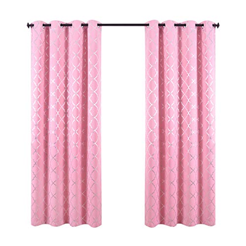 Anjee Pink Blackout Curtains For Girls Bedoom With Silver Moroccan Tile Pattern Living Room Darkening Noise Reducing Grommet Top Window Treatment Drapes,2 Panels Sets 52 X 84 Inches Length, Peach Pink #TOP7