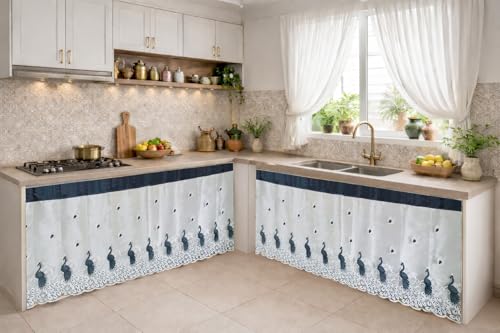 Image of Embroidered Kitchen Sink Curtain with Rod Pocket | Decorative Under Sink Cabinet Curtain | Floral & Peacock Design | Washable Fabric | Size: 150 x 71 CM (Gray, Pack of 2)