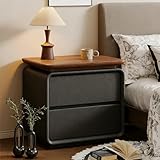 Night Stand, Side Tables Bedroom with Silent Slide Rail, Solid Wood & Scratch-Resistant Leather for Desk Lamp, Water Cup, Books