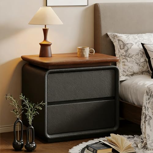 Night Stand, Side Tables Bedroom with Silent Slide Rail, Solid Wood & Scratch-Resistant Leather for Desk Lamp, Water Cup, Books